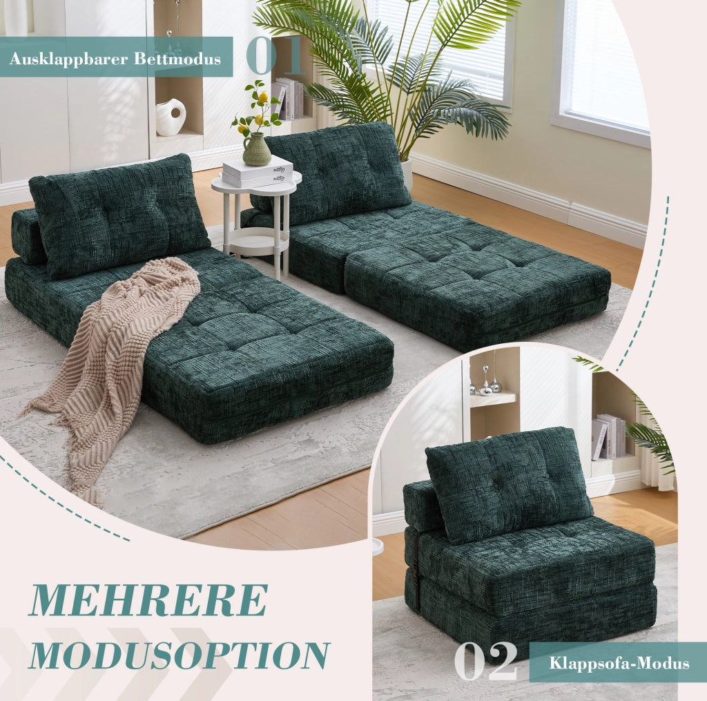 DIVANO LETTO Pieghevole 79x180 cm in Chenille Verde smeraldo con cuscini