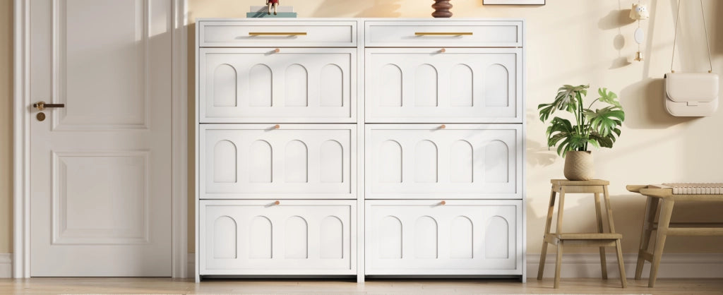 Mobile scarpiere bianco moderno in MDF con 12 ripiani e 2 cassetti, 140x25x123,5 cm