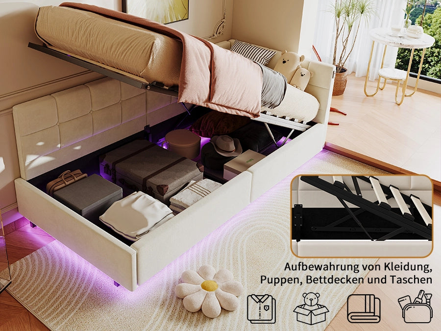Divano letto singolo 90x200 con luce LED;Letto singolo Angolare con contenitore idraulico;letto imbottito con testiera;letto con rete a doghe;Velluto