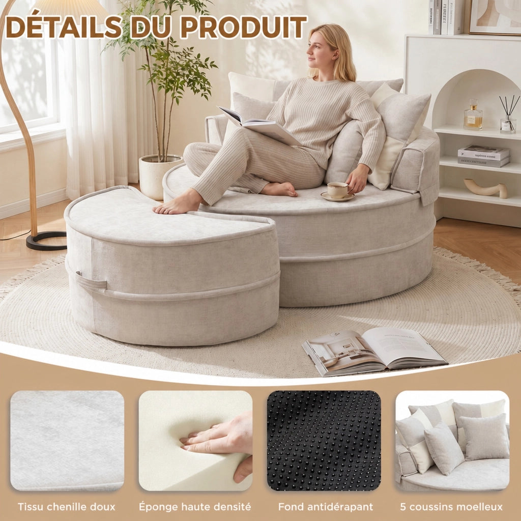 Poltrona lounge rotonda moderna con pouf e 5 cuscini in ciniglia grigia