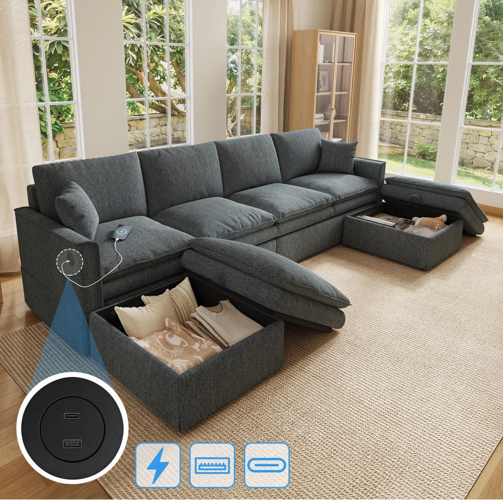 Divano modulare 6 posti configurabile a U o L con 2 pouf contenitore porte USB e Type-C in cotone e lino grigio