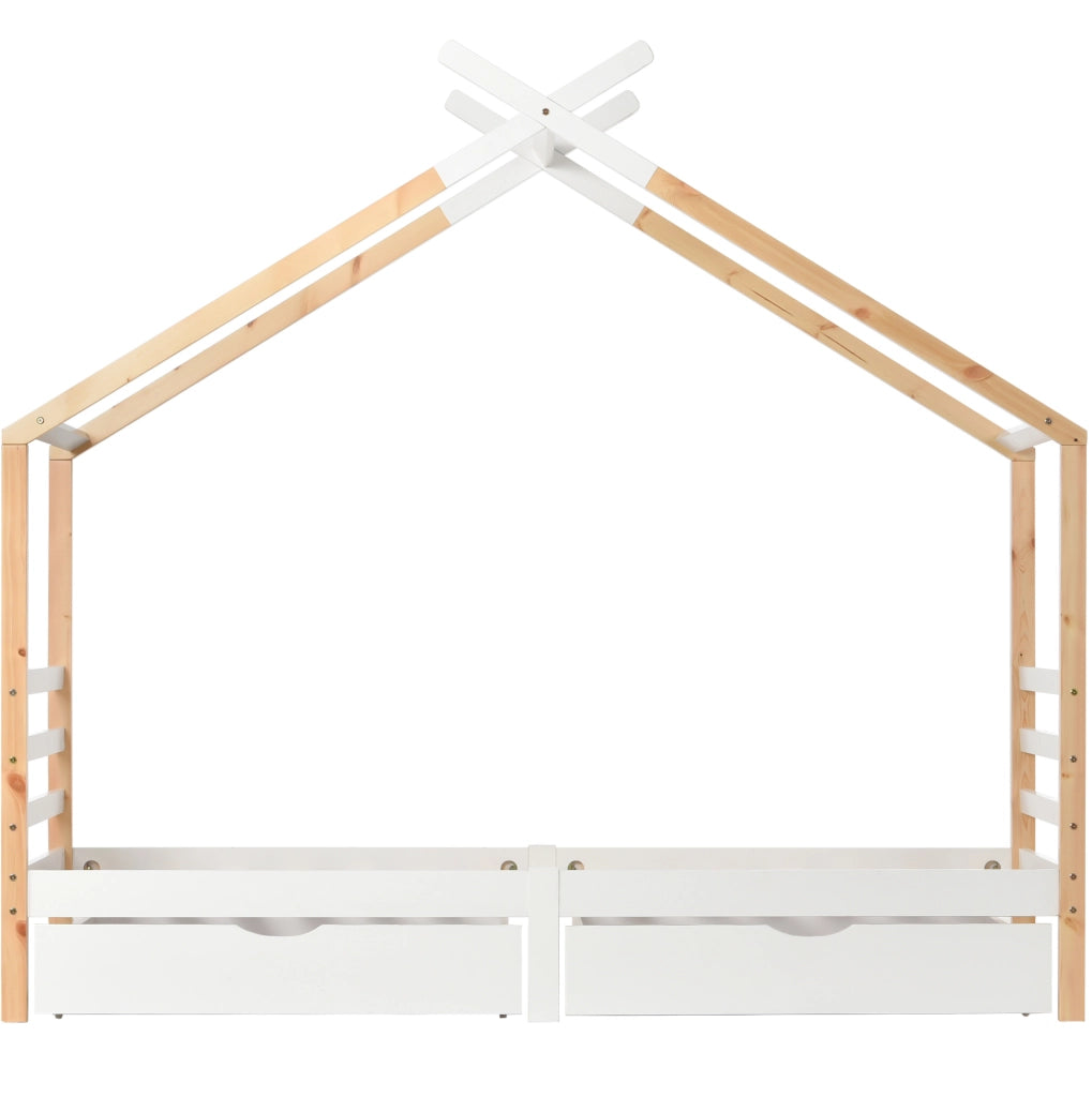 Letto a casetta 90x200 cm con cassetti e rete in pino massello e MDF bianco