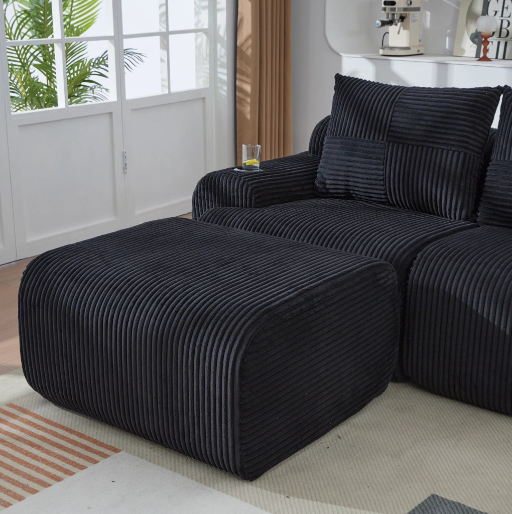 Divano modulare 4 posti con portabicchieri e tasca laterale 333x174x80 cm; corduroy nero