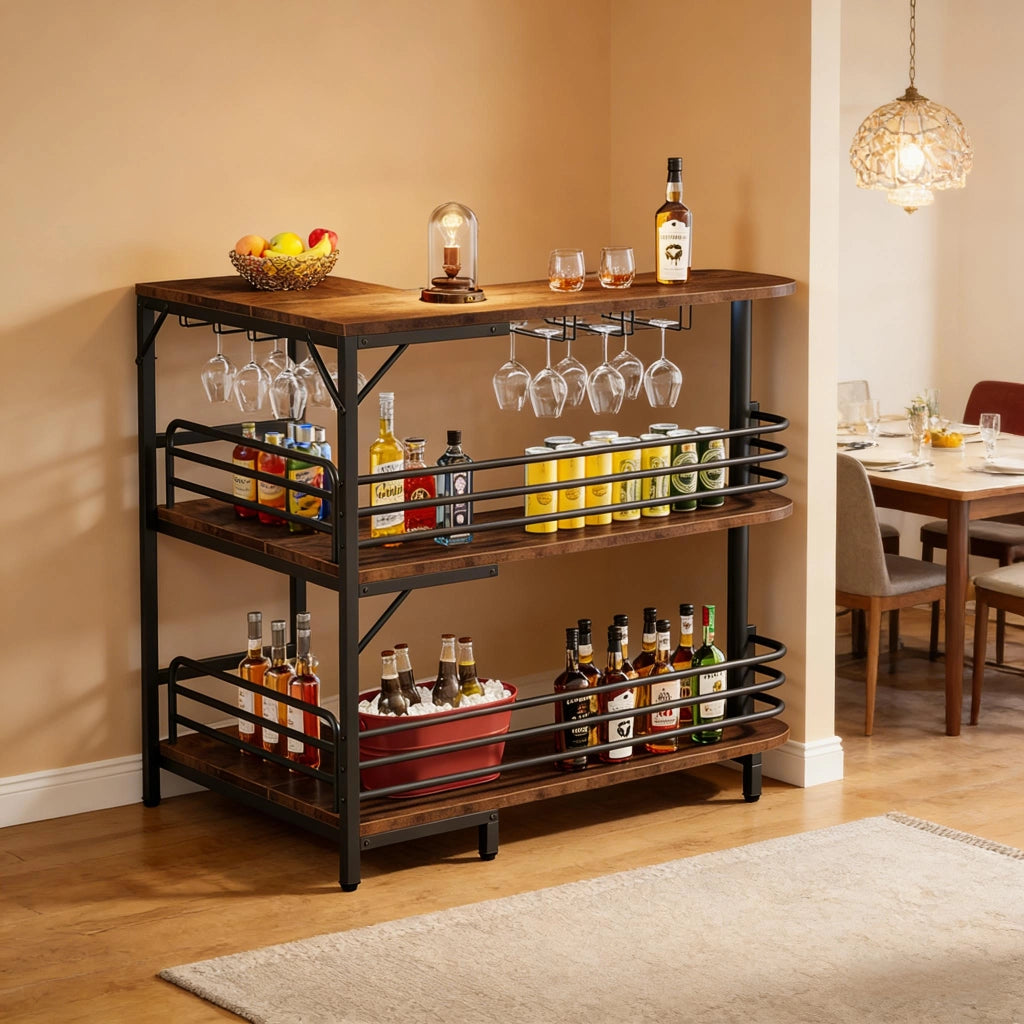 TAVOLO BAR L 120x90 cm Acciaio e Legno Nero e Marrone Rustico