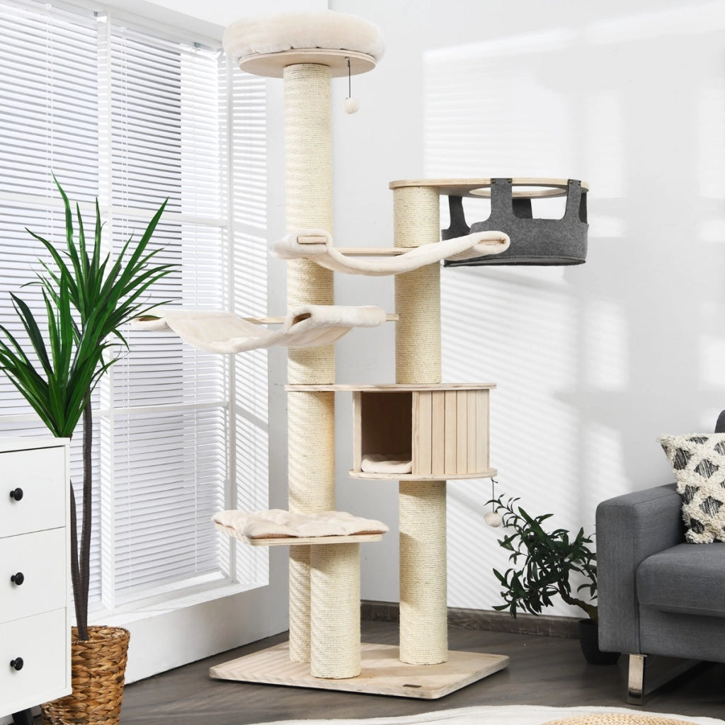 Albero gatti 197cm legno amache e toilette gatti cartone graffi, Albero per gatti e toilette nascosta gatti doppie porte