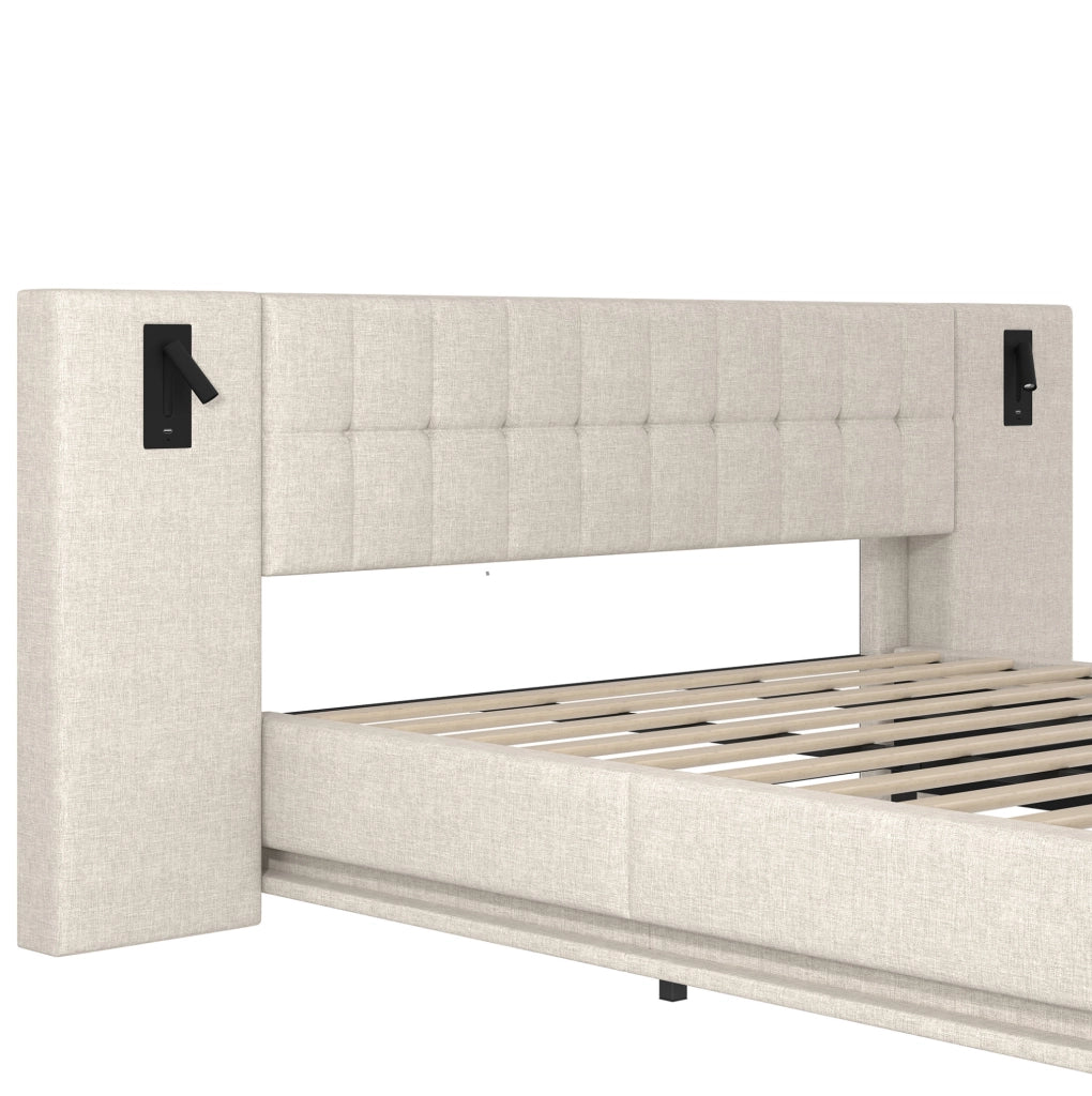 Letto imbottito 180x200 cm beige in lino con LED, luce da lettura e USB