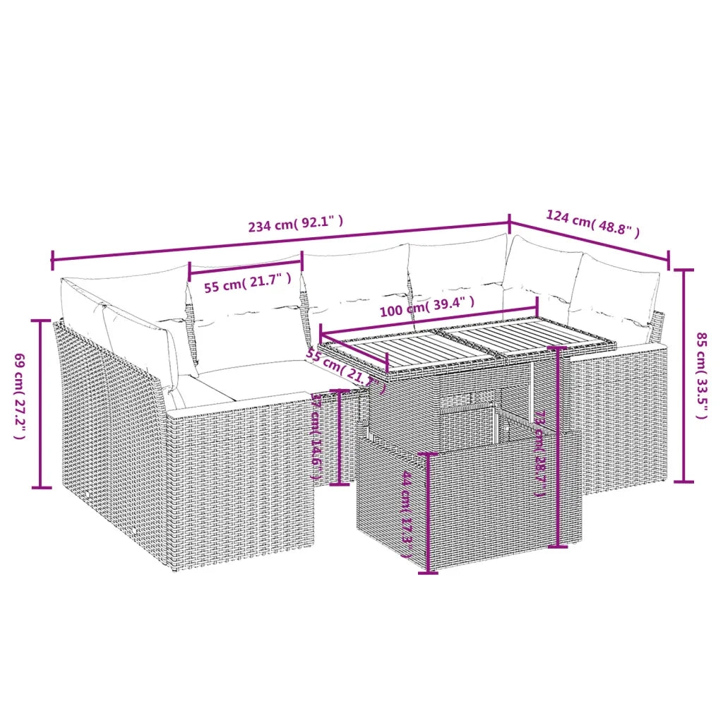 Set Divani da Giardino 7 pz con Cuscini Beige in Polyrattan