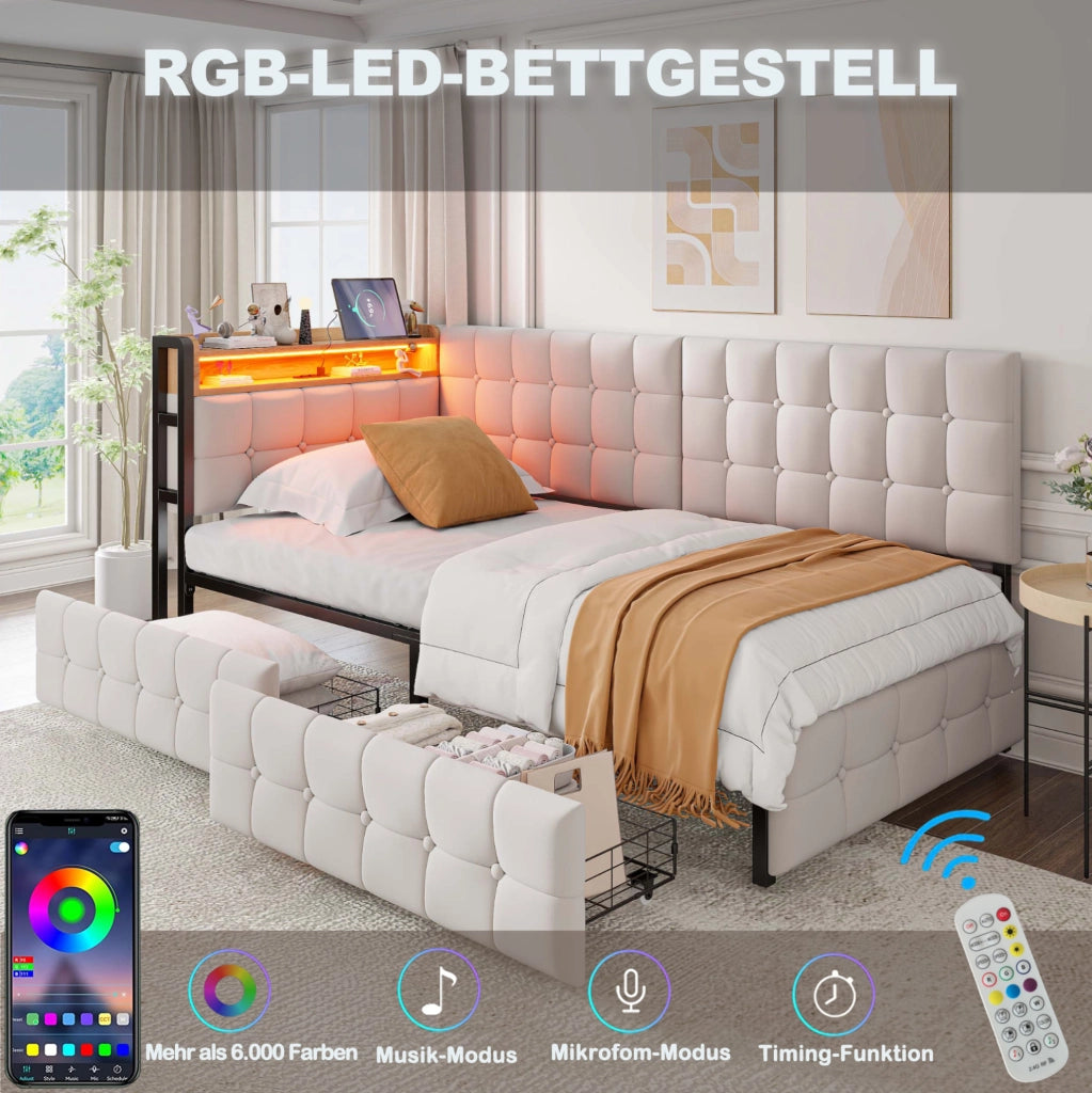 Divano letto in tessuto 90 x 200 cm con 2 cassetti; LED; USB e Type-C; beige