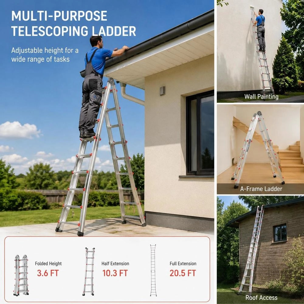 Telescopic Ladder With A-frame, 6230 Mm Compact Aluminum Extension Ladder, Multi-purpose Ladder, Step Ladder, Leaning Ladder, Folding Ladder For Homework, Stairs, Indoor And Outdoor Roofs, 150 Kg Load Capacity