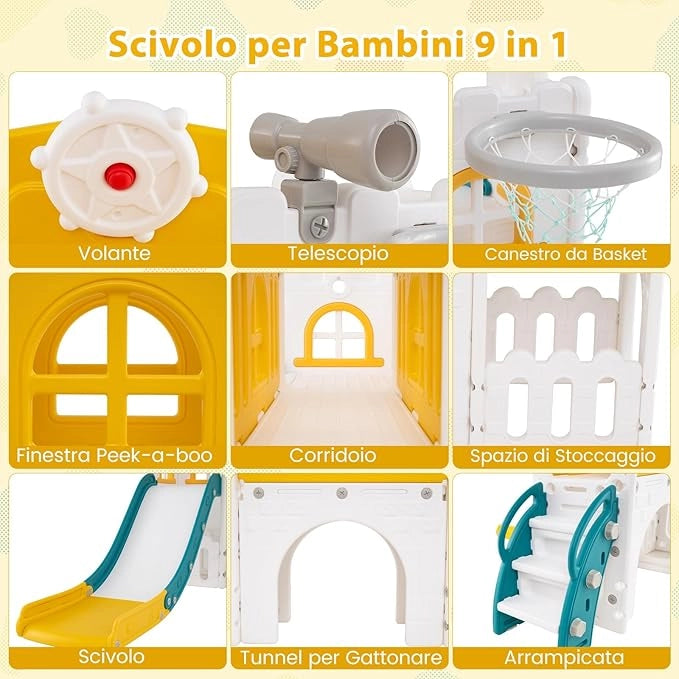 Scivolo per Bambini 9 in 1, Set da Gioco con Canestro da Basket, Telescopio, Volante, Corridoio, Tunnel e Spazio di Archiviazione, Scivolo da Interno ed Esterno per 1+ Anni (Giallo+Verde)