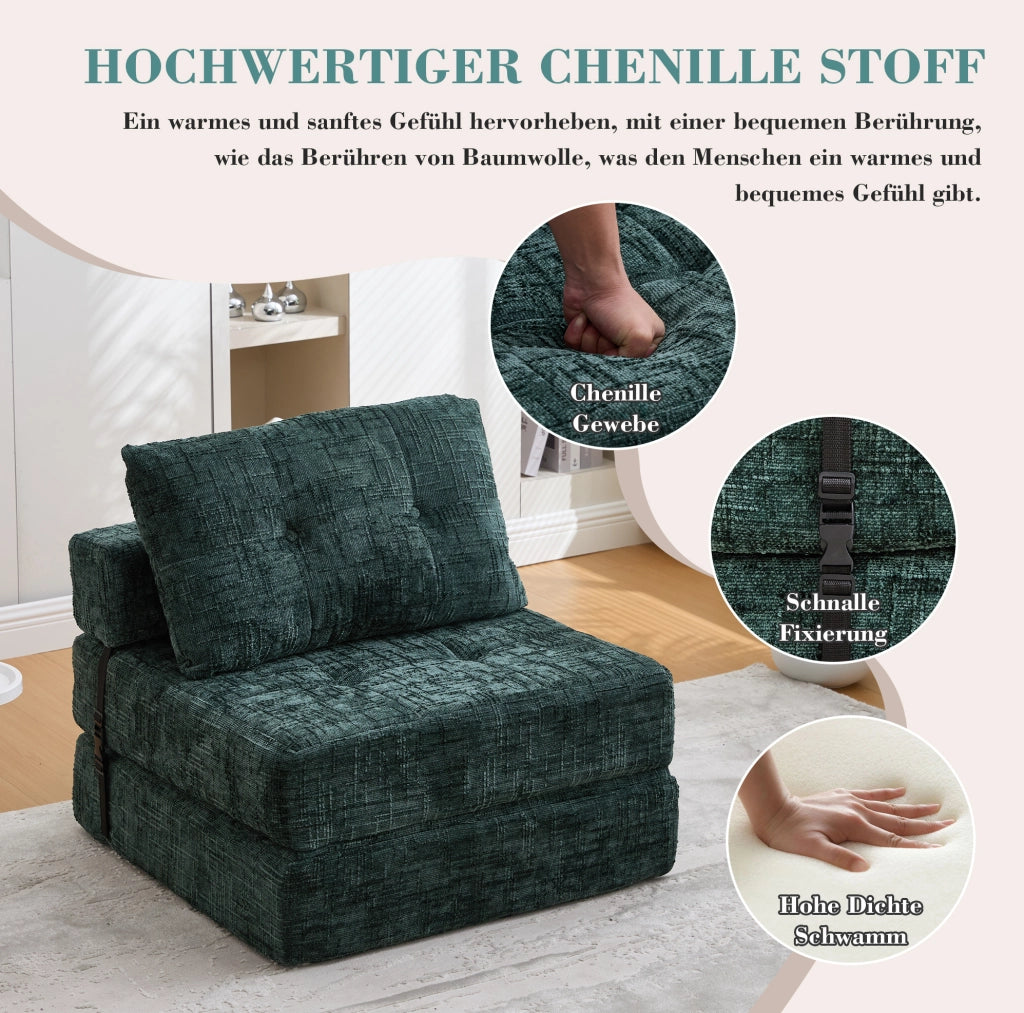 DIVANO LETTO Pieghevole 79x180 cm in Chenille Verde smeraldo con cuscini
