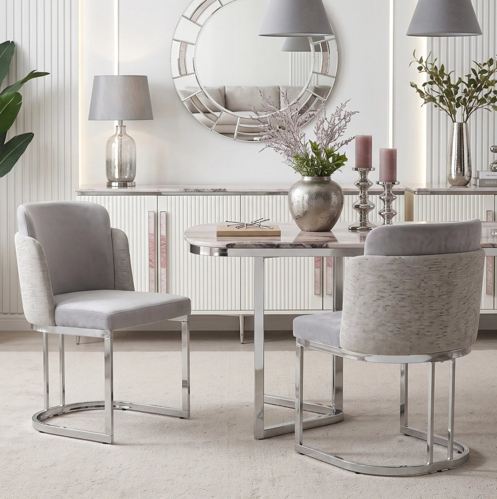 Set di 4 sedie da pranzo in ciniglia grigio e argento