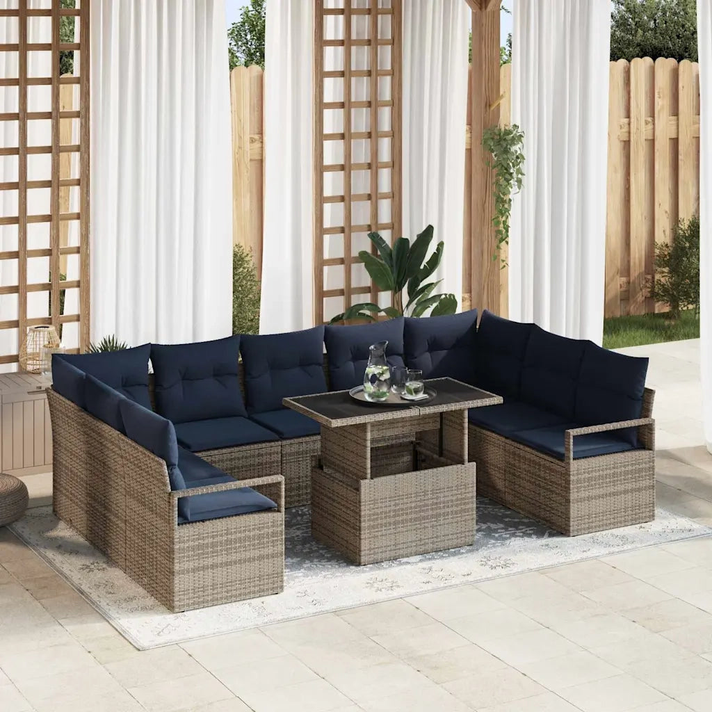Set Divano da Giardino 10 pcs Grigio e Blu Navy Poly Rattan 3348891