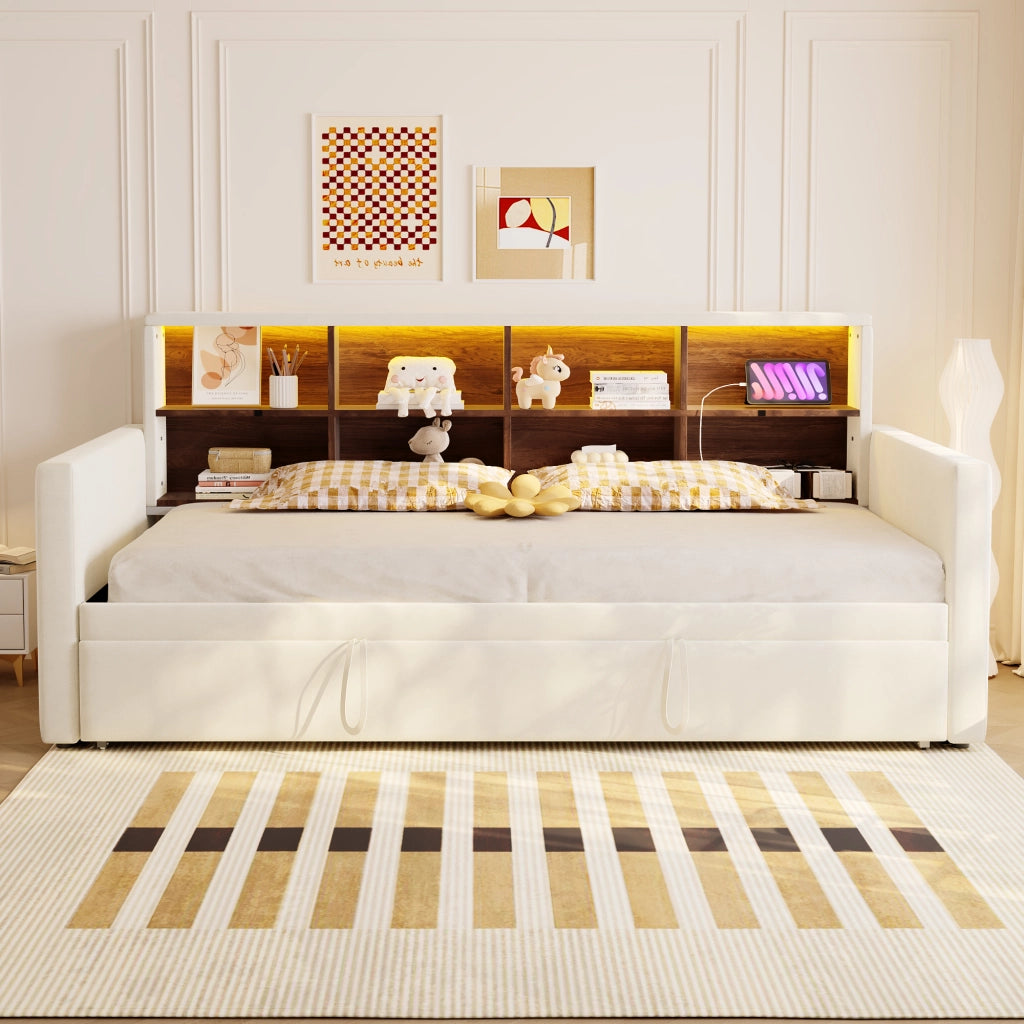Letto pieghevole imbottito con LED e USB 90x190 cm velluto beige