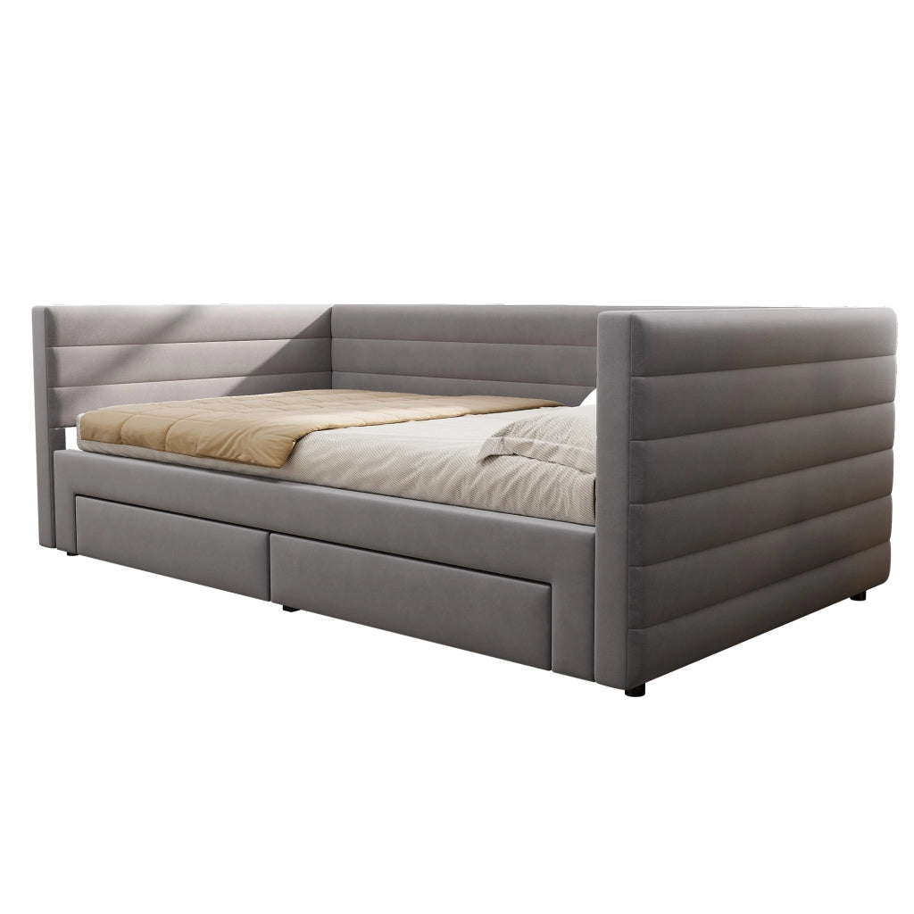 Divano letto 3 in 1 imbottito estraibile 90x190 cm in cotone e lino grigio; con cassetti