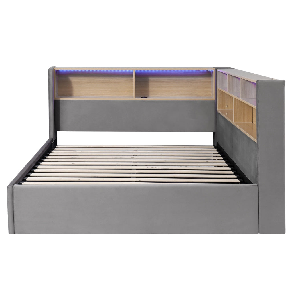 Letto per bambini con contenitore idraulico in velluto grigio con LED USB e porta type-c