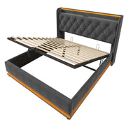 Letto Polsterato 140x200 cm con Illuminazione LED 360°, Tessuto di Lino Grigio, Testiera con Ricarica USB Tipo-C, Contenitore Idraulico (Senza Materasso)