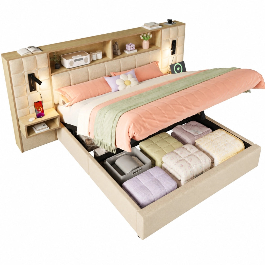 Letto contenitore 160 × 200 cm beige in lino con comodini; luci da lettura e USB/Type-C