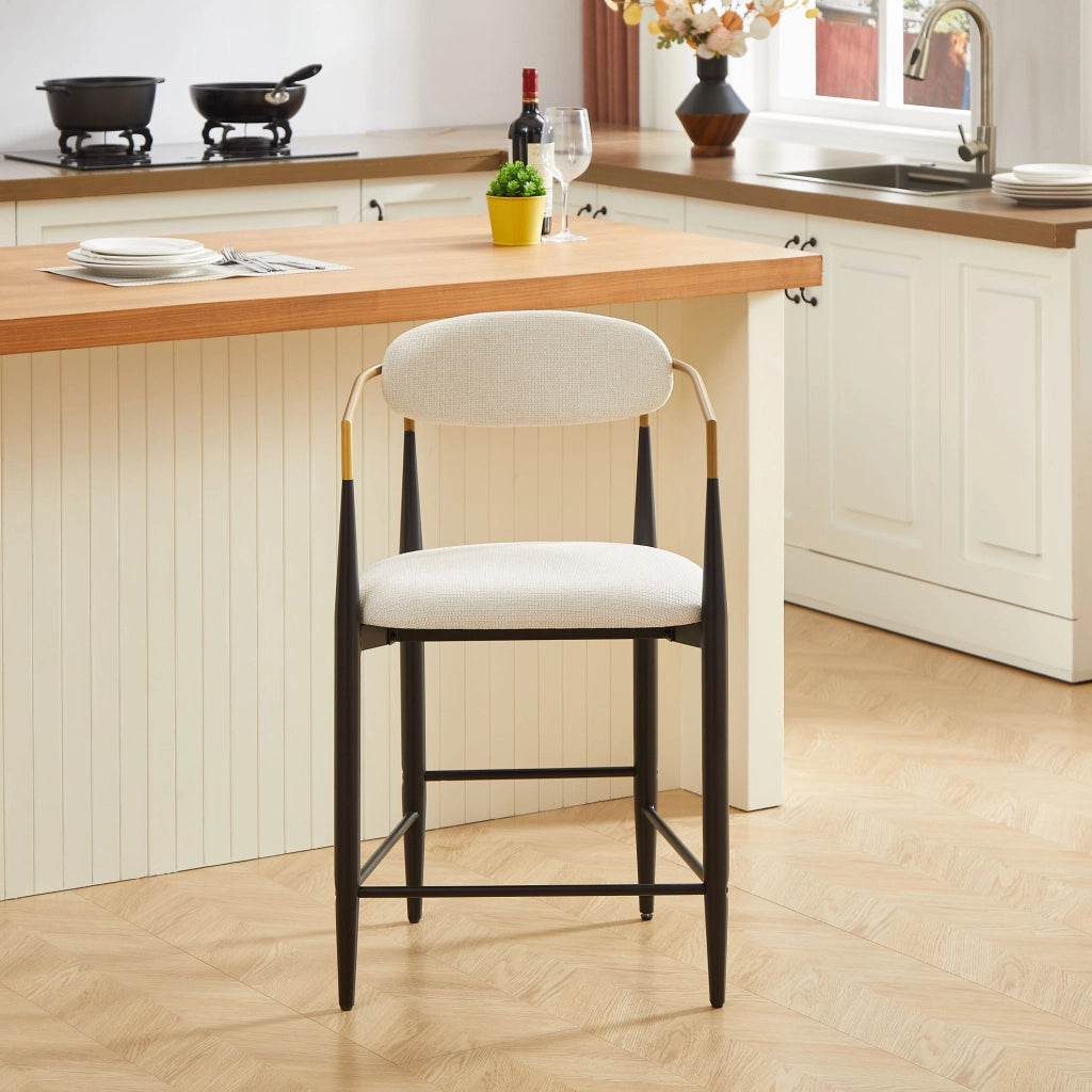 SGABELLO DA BAR Set da 2 pezzi con braccioli, tessuto beige, struttura nero e oro