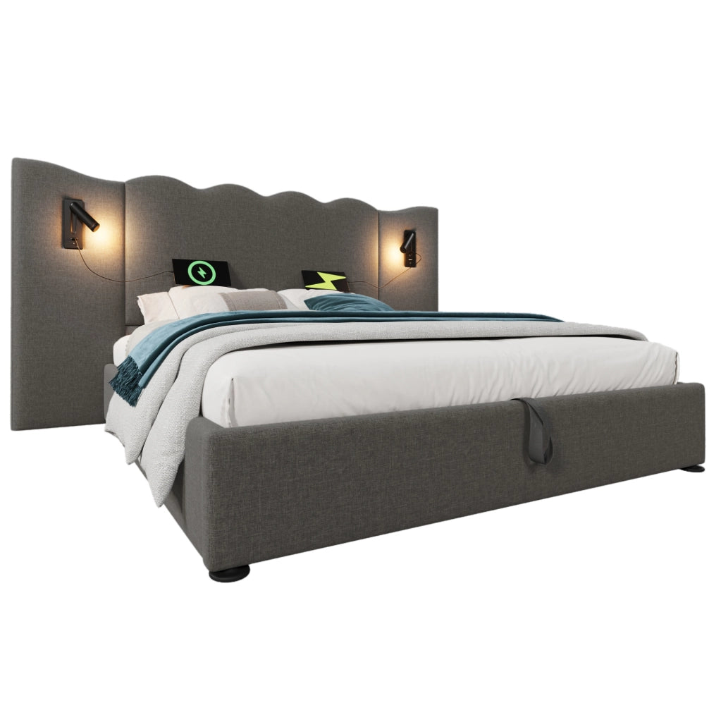 Letto matrimoniale 180x200 grigio con contenitore, luci lettura e USB/Type-C