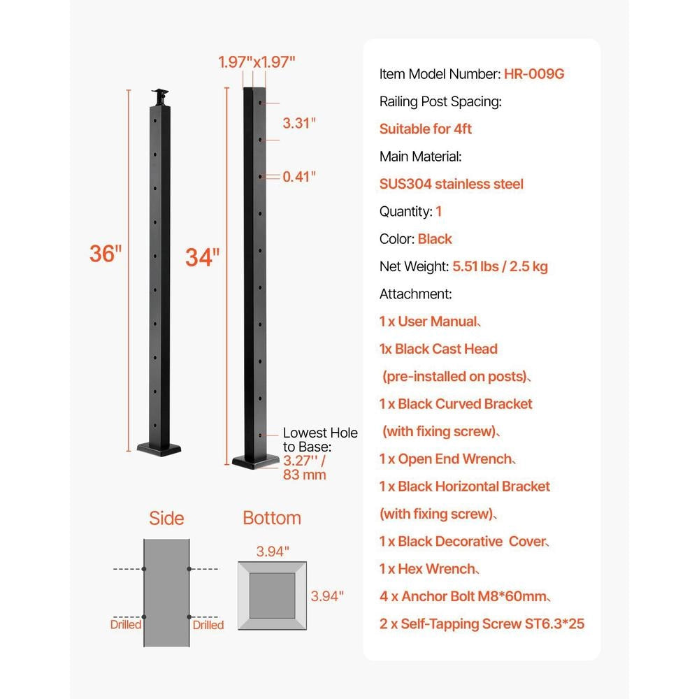 Ringhiera per Recinzione da Balcone 914x100x100 mm da Giardino Balcone con Finitura Spazzolata in Acciaio Inox; Kit di Palo per Balaustrata