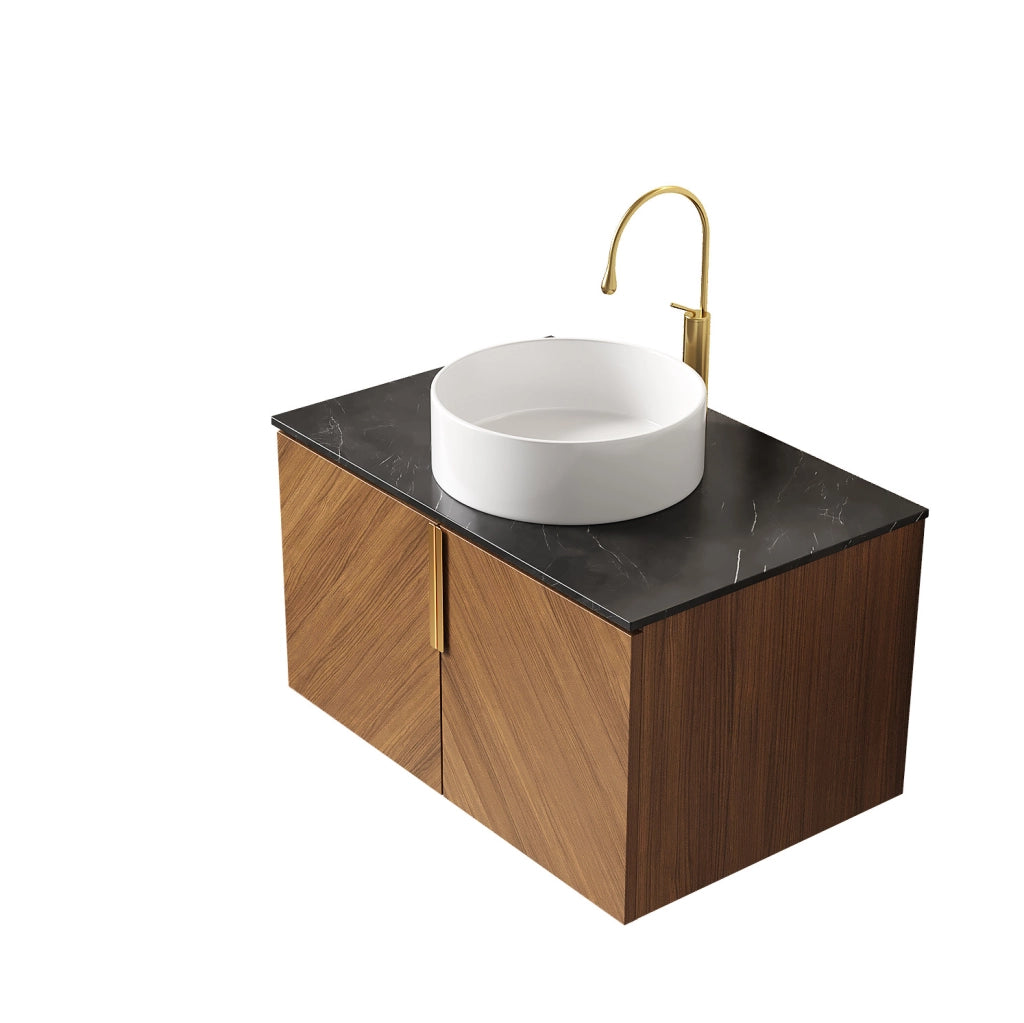 Lavabo da bagno a parete 76cm con vasca in ceramica tonda bianca, piano in pietra sinterizzata nera, mobile in compensato effetto quercia marrone con 2 ante