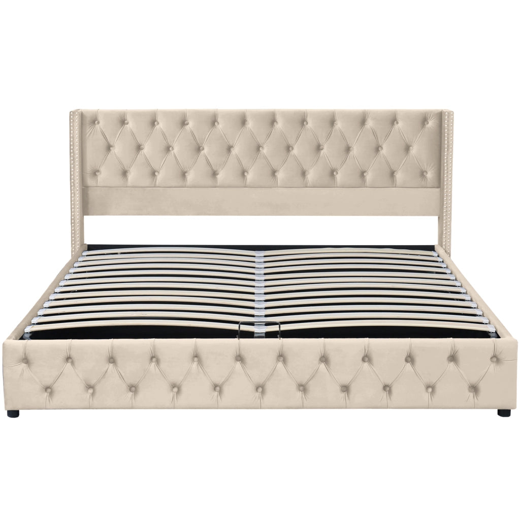 Letto imbottito con orecchie - Zephmum - Doppia fila di rivetti, cuciture a bottone, testata e pediera, 180*200, idraulico, funzionale, sottolato in tessuto non tessuto nero antimacchia, beige