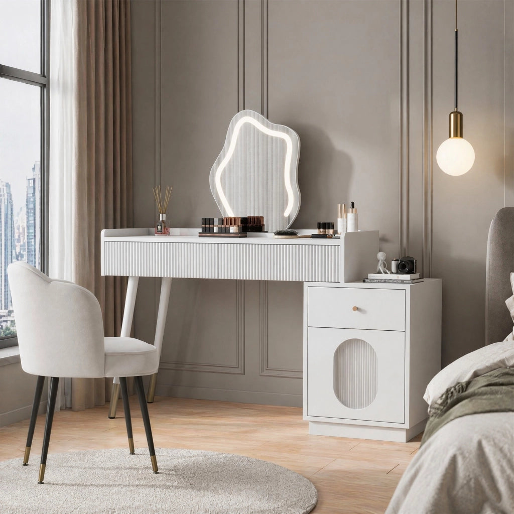 Tavolo da trucco bianco con illuminazione LED e ampio spazio contenitivo
