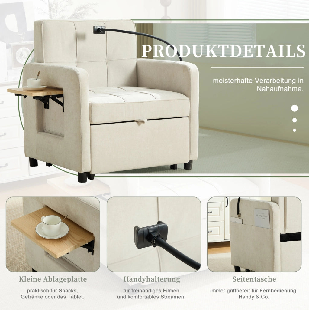 Poltrona letto convertibile 167x79x83 cm in chenille beige con bracciolo portaoggetti