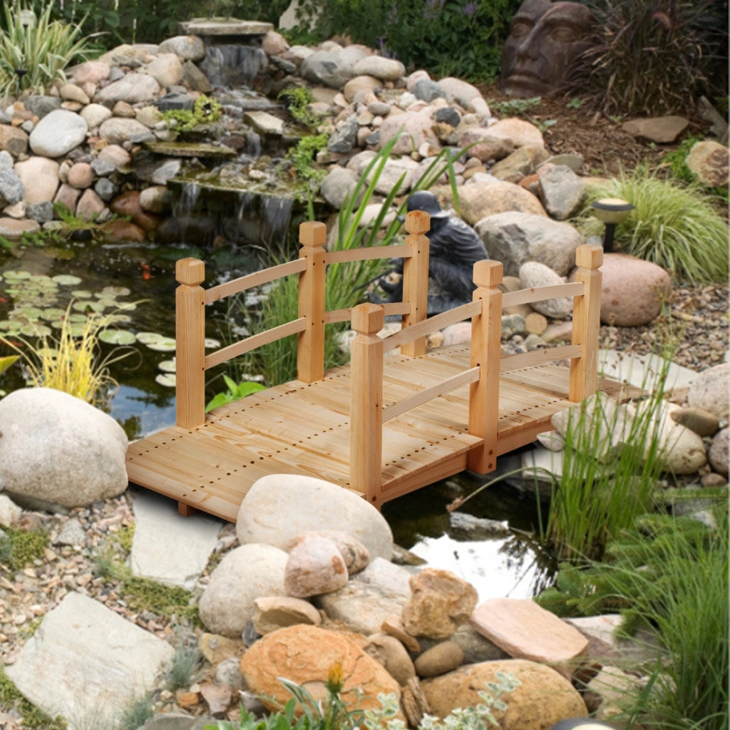 Ponte in legno per giardino con ringhiera Ponte decorativo 150x67x55cm, Naturale-Decorazioni da giardino