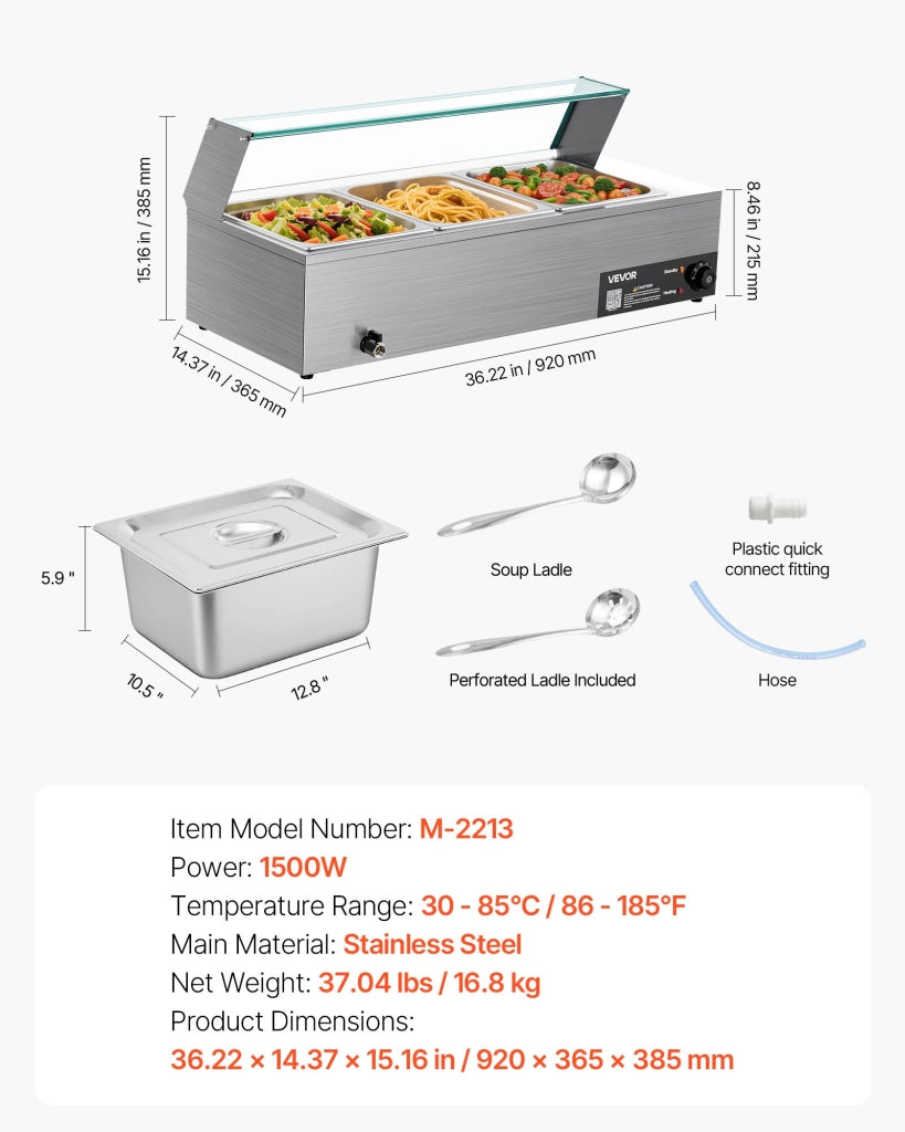 Scaldavivande elettrico a buffet M-2213 in acciaio inox, 3 contenitori 1/2, 1500 W, con coperchio in vetro, pratico e robusto per catering e feste