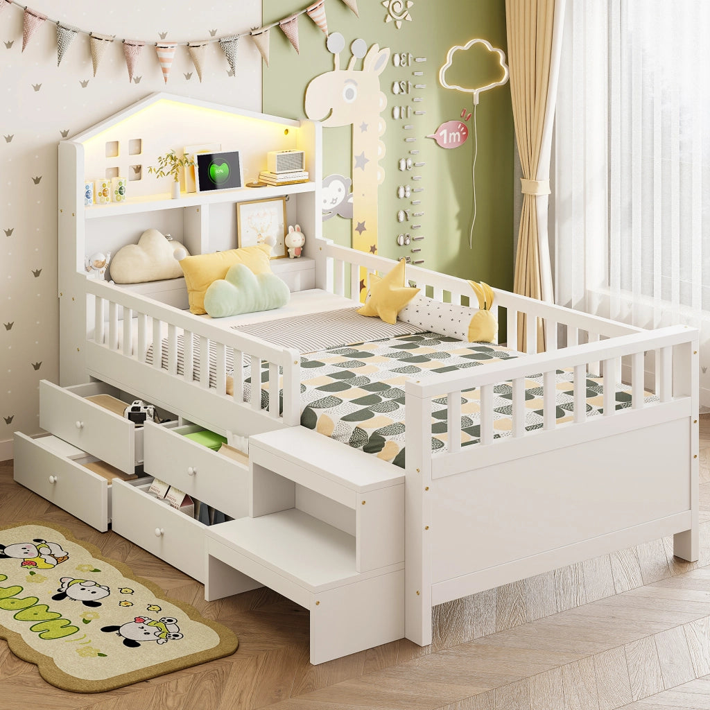 Letto per bambini 90 x 200 cm, sponda di sicurezza, quattro cassetti, scalini, luci LED, USB e Type-C, legno massello - Bianco