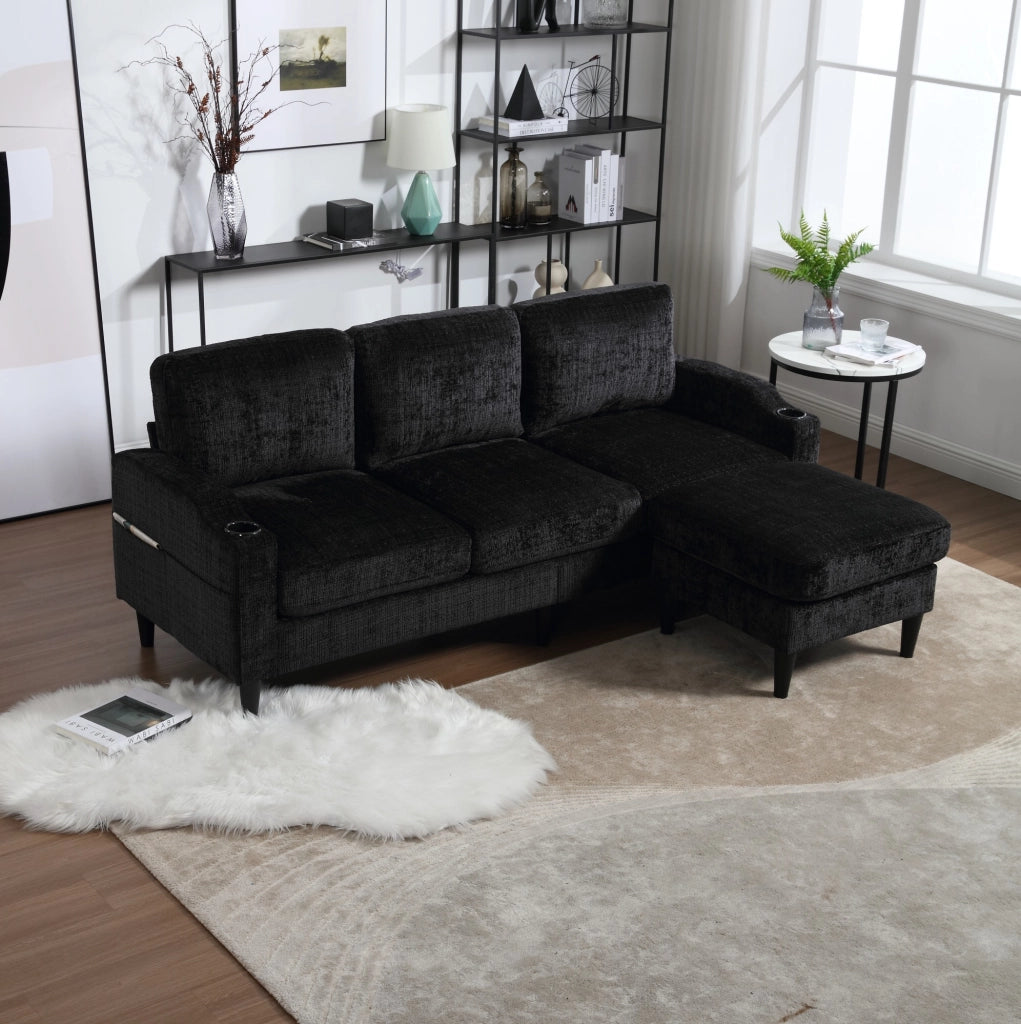 Divano 4 posti con pouf contenitore; portabicchieri e tasche laterali; chenille nero
