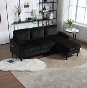 Divano 4 posti con pouf contenitore; portabicchieri e tasche laterali; chenille nero