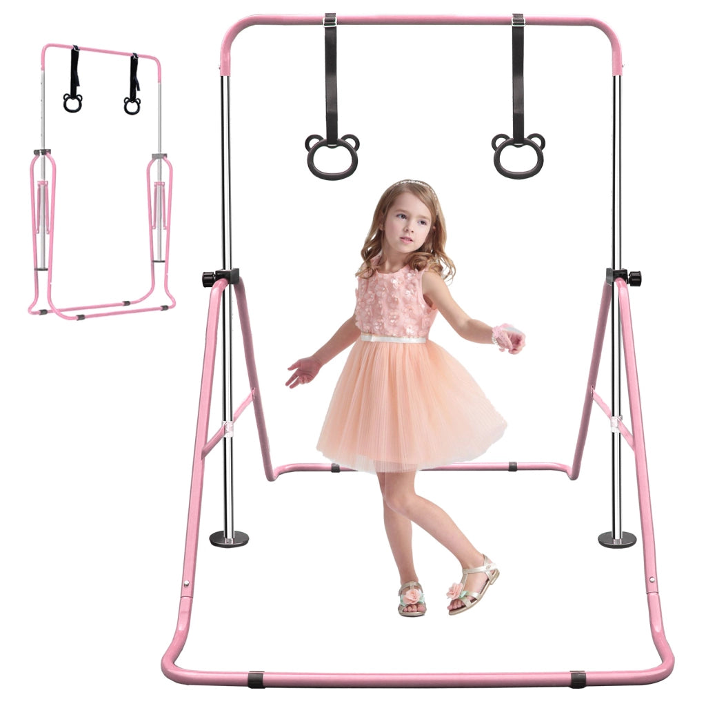 Sbarra da ginnastica ULEVR pieghevole rosa per bambini, 5 altezze regolabili da 89 a 129,5 cm, in ferro