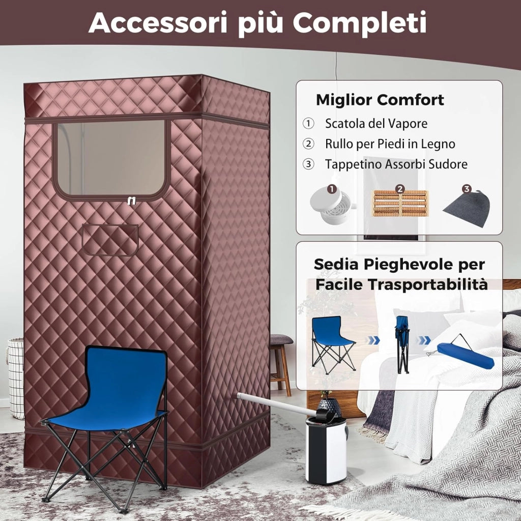 Sauna a Vapore Portatile 3L, Sauna da Casa con 9 Livelli di Regolazione della Temperatura da 35-63℃, Telecomando, Sedia Pieghevole e Massaggiatore per Piedi in Legno (caffè)