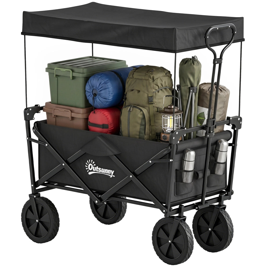 Carrello da trasporto pieghevole con tettuccio, telaio in acciaio nero, capacità 110L, 97x52x105 cm, robusto e salvaspazio