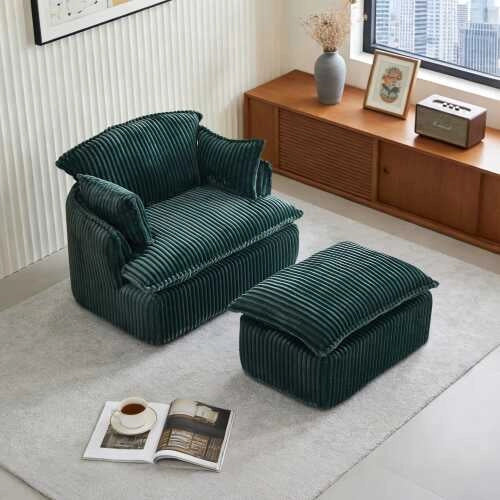 Poltrona Cloud Compressa con Pouf in Velluto a Coste; Senza Montaggio; Verde