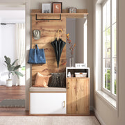 Set ingresso bianco e legno con specchio, panca, scarpiera e appendiabiti 105x40x190,5 cm