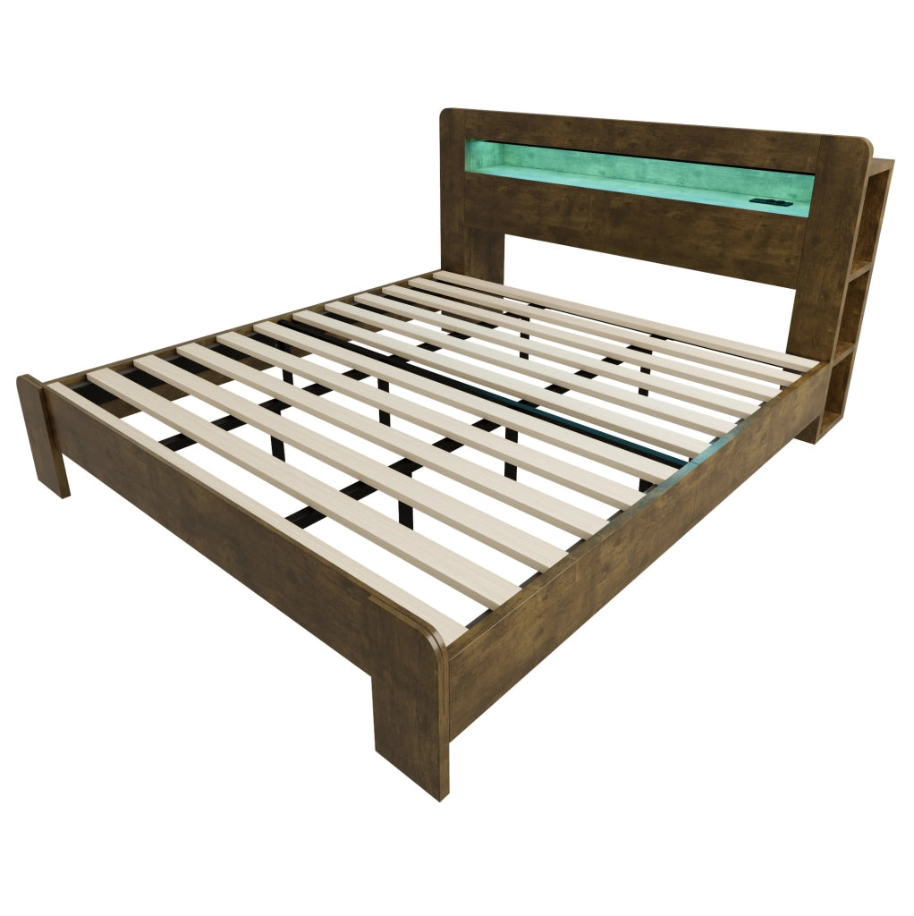 Letto a piattaforma 180x200 cm con testiera contenitore, LED e prese in legno
