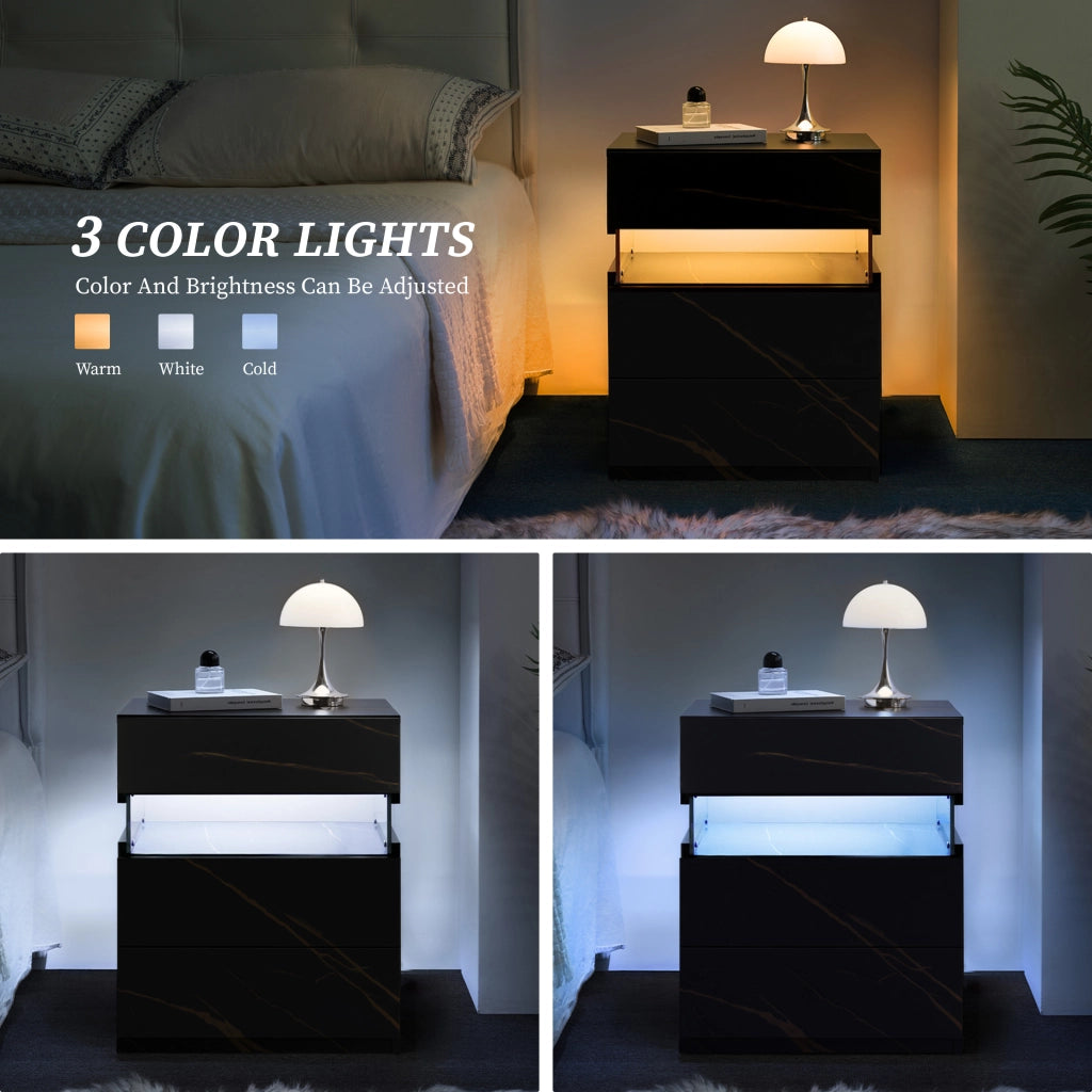 Comodino con cassetti e LED ¨C Minimal ¨C Nero e oro, pannello acrilico, per camera e soggiorno