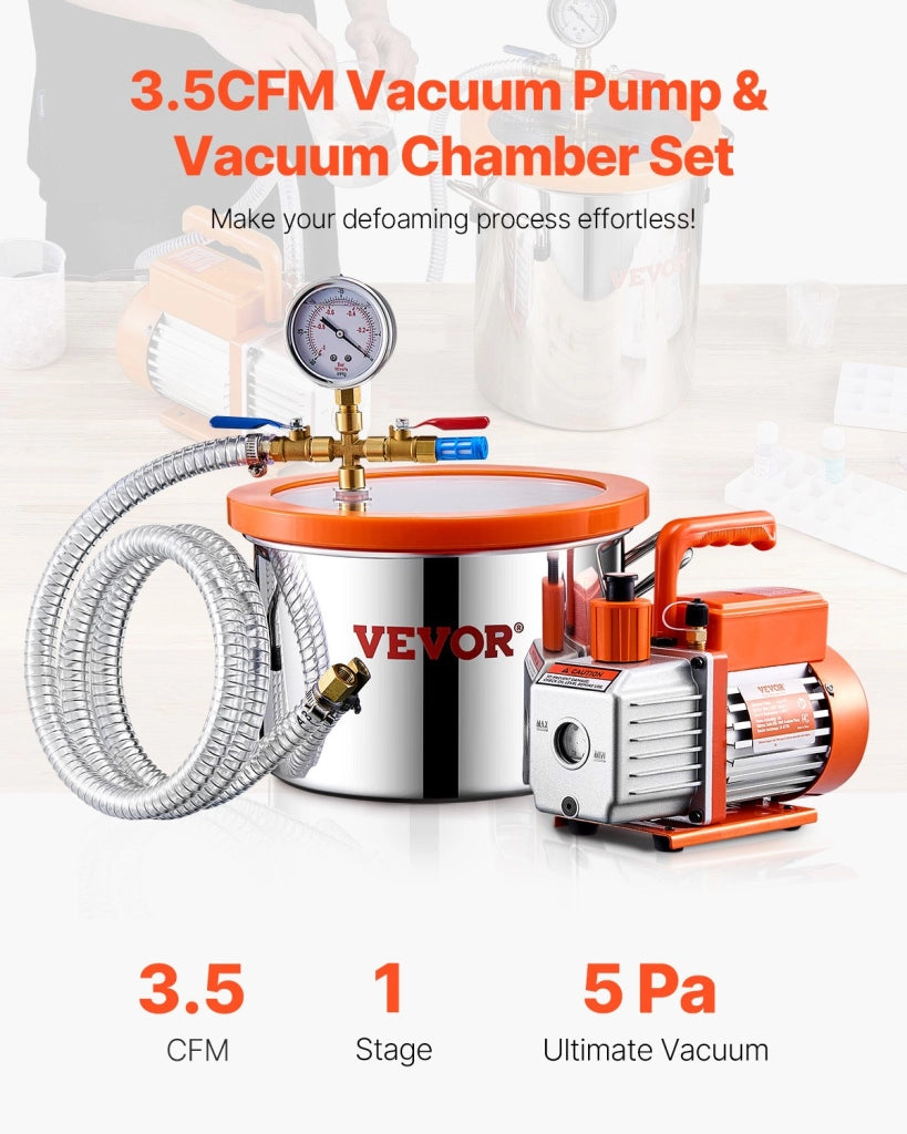 Kit Camera a Vuoto 5,67 L Pompa a Vuoto Monostadio 2,12L/s Acciaio Inox con Coperchio Olio Tubo Flessibile per Degasaggio Resina Epossidica Siliconica