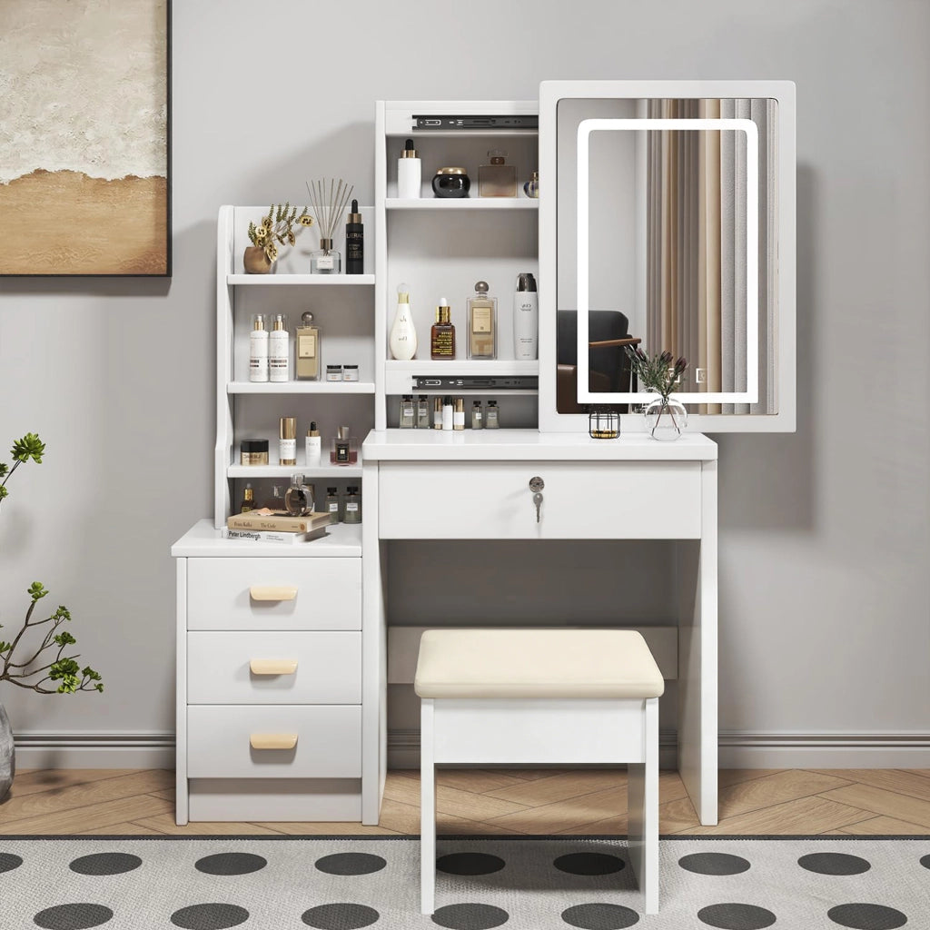 TOELETTA con specchio LED e sgabello, 4 cassetti, bianco