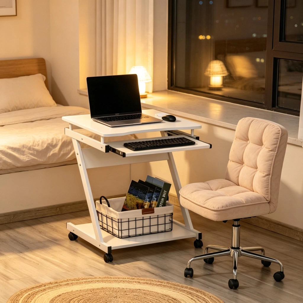 Scrivania per computer con ripiano tastiera e ruote per ufficio e studio; metallo e truciolare; bianco 60×48×73 cm