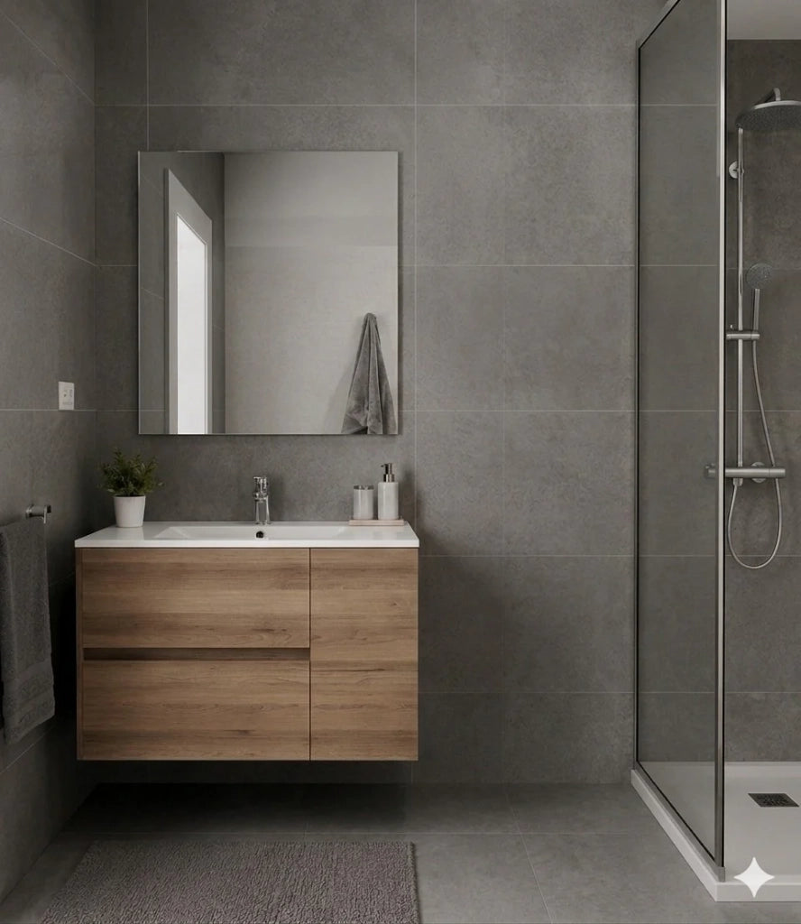Mobile Bagno HEIMDALL Già Montato 2 cassetti e porta, lavabo e specchio Estepa 60x35 cm