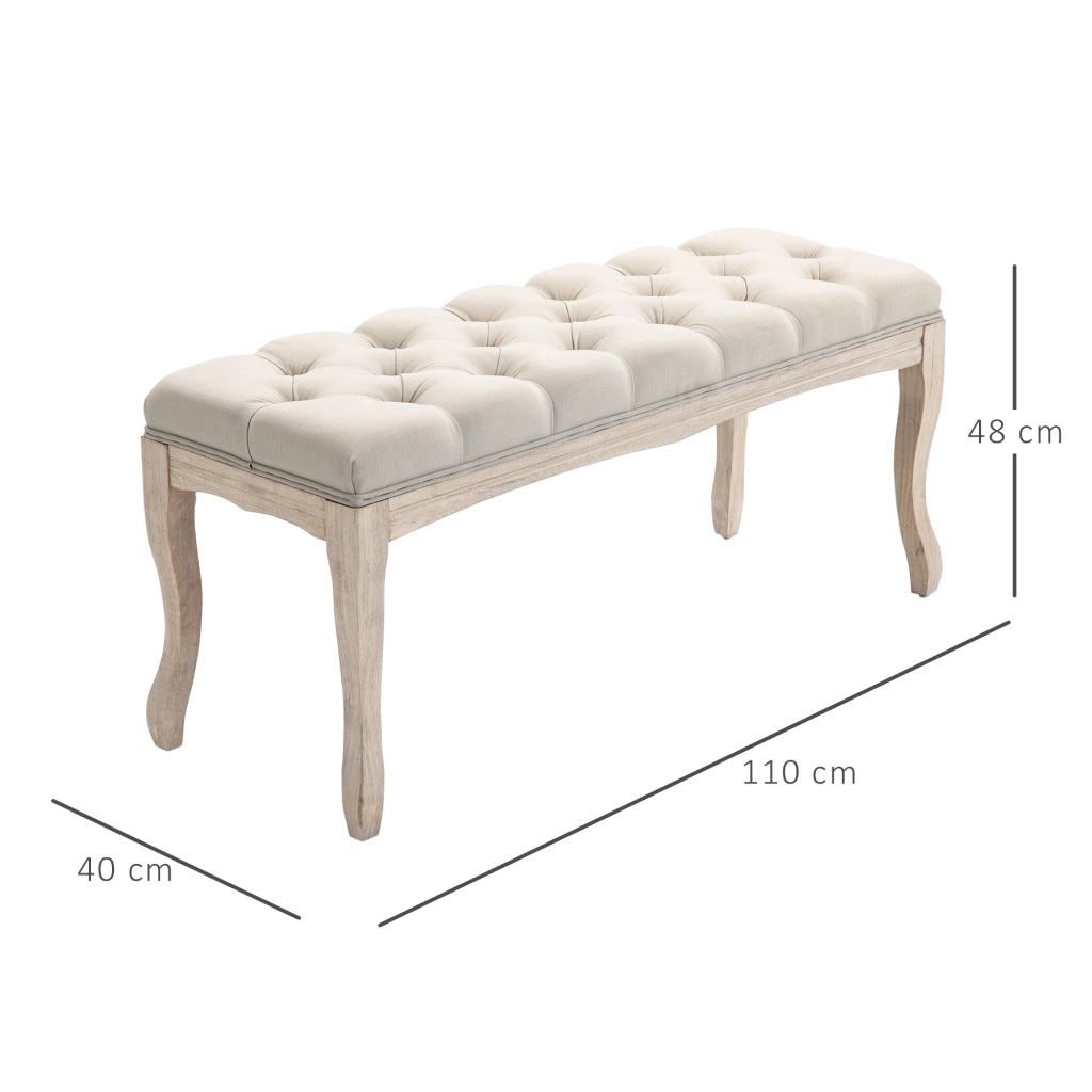 Panca Fondoletto Vintage con Seduta Imbottita in Tessuto e Gambe in Legno, 110x40x48cm, Beige