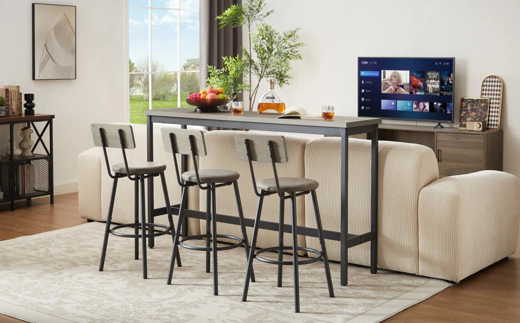 Set tavolo bar lungo grigio con 3 sgabelli imbottiti in PU, struttura in acciaio e pannello in truciolato, design industriale