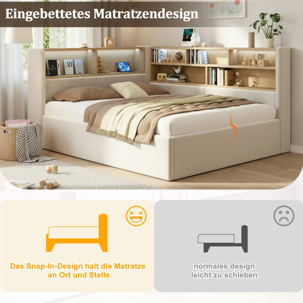 Letto imbottito con contenitore idraulico; LED; USB e Type-C; velluto beige
