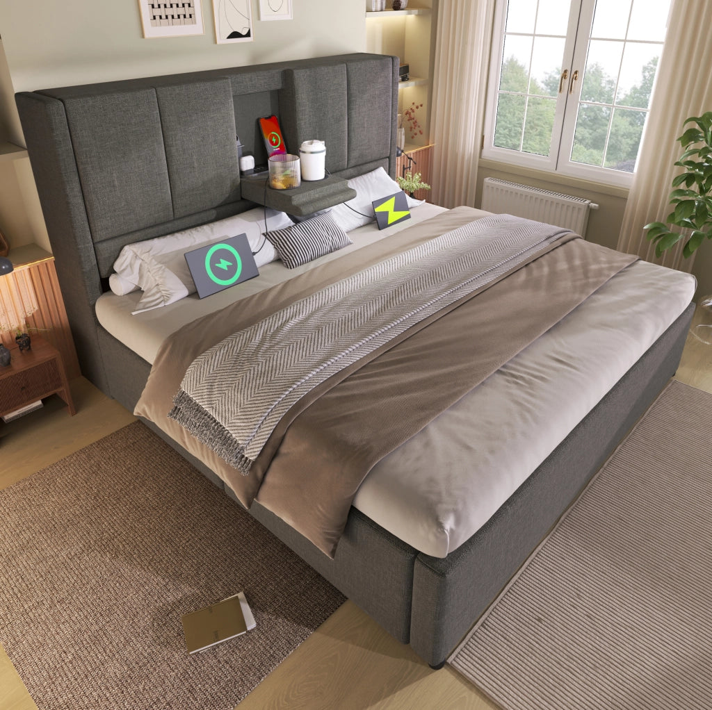 Letto imbottito 140x200 cm con portabevande nascosto e stazione di ricarica, letto idraulico con contenitore sotto, rete inclusa, lino grigio (senza materasso)