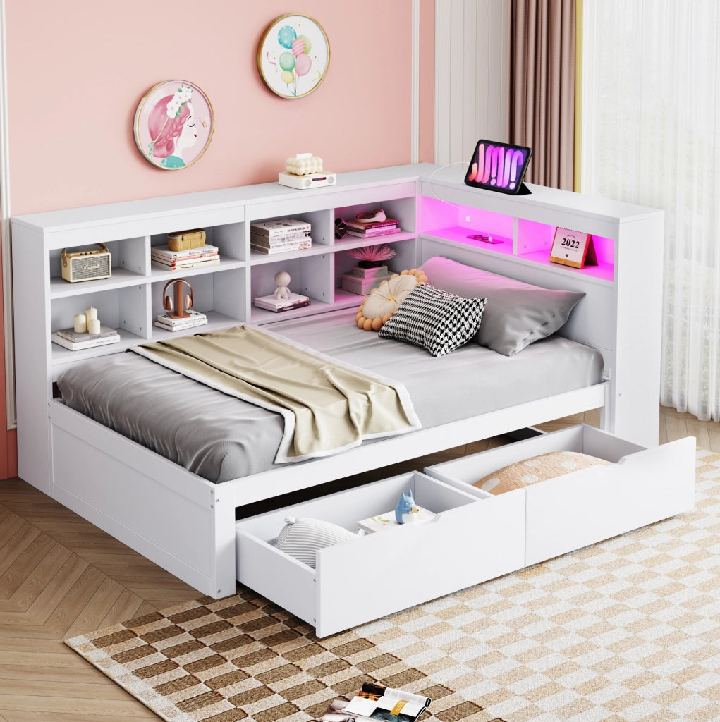 Letto multifunzione in legno 90x200 cm con contenitori, cassetti, USB e LED
